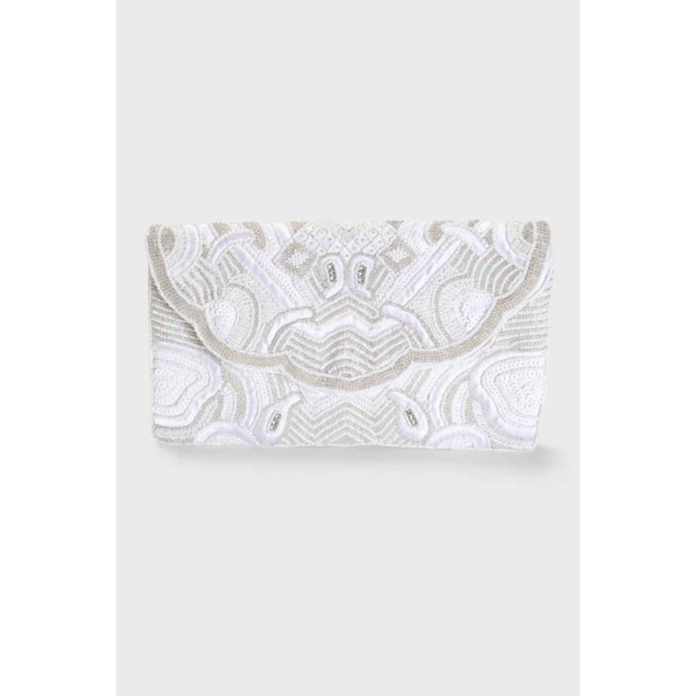 Lulus Most Luxurious White Beaded Sequin Scalloped Clutch